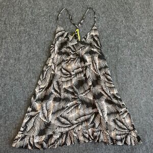 Volcom Women Black White Palm Leaf Print Ruffle Hem Mini Vacation Dress Size L